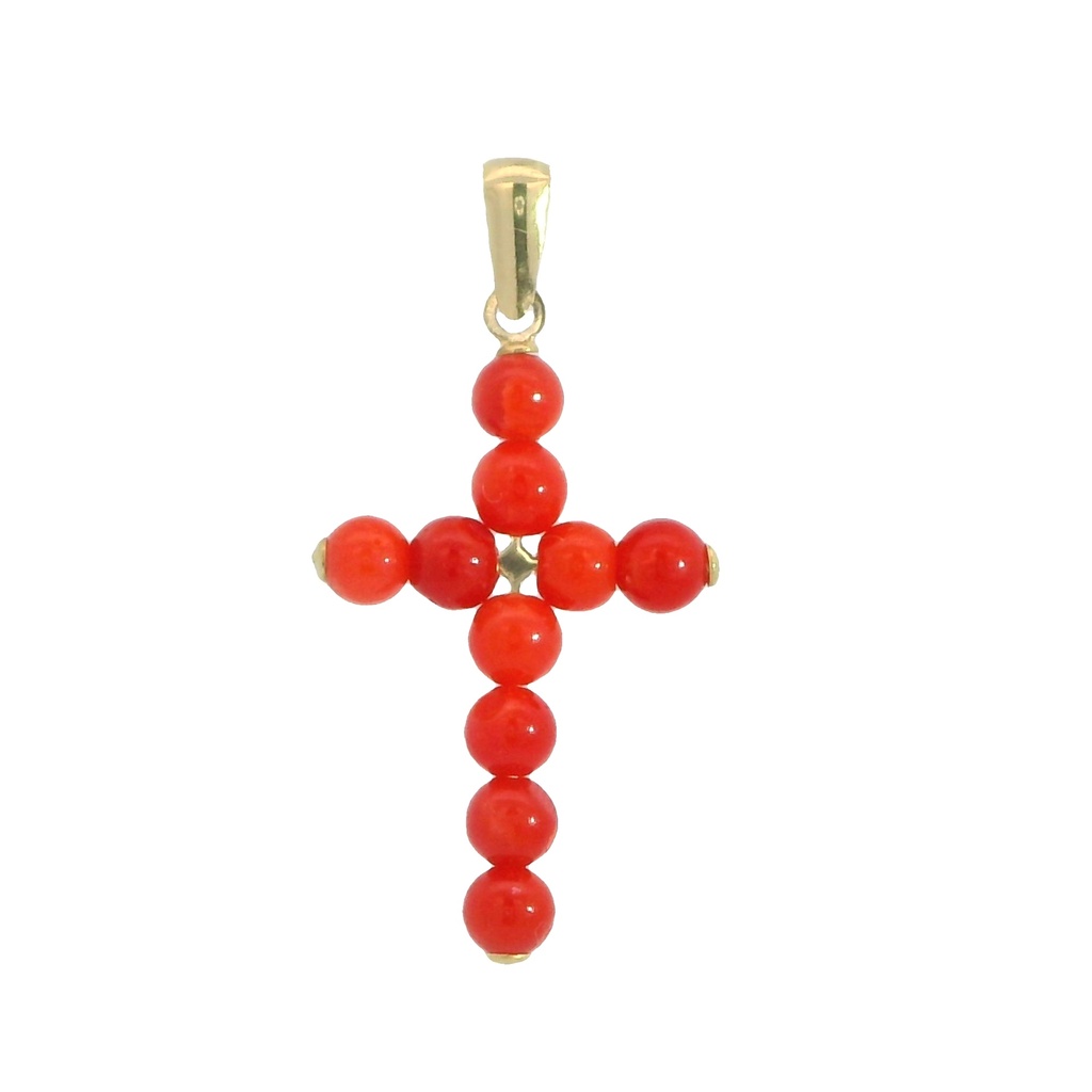Colgante cruz bolas color coral 15x10MM. oro 18k