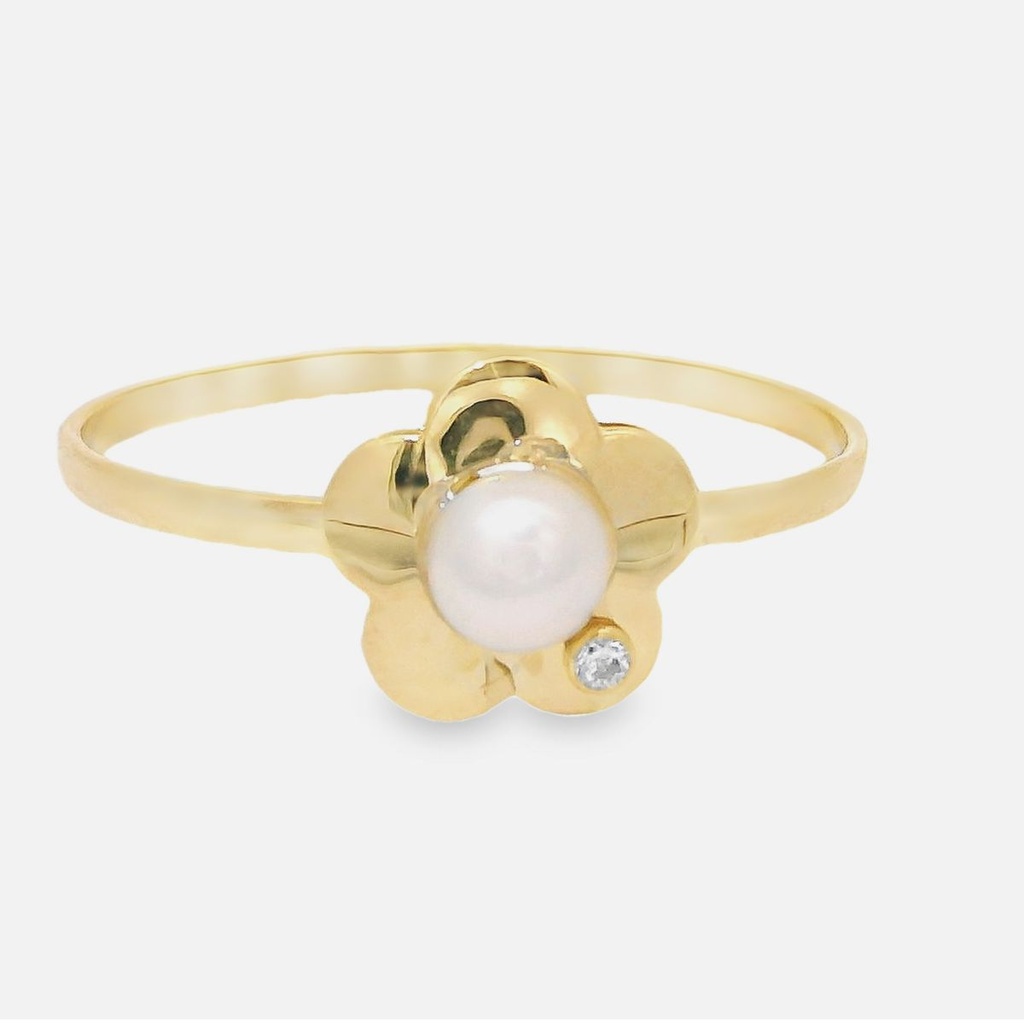 Anillo flor, perla y circonita en oro 18k