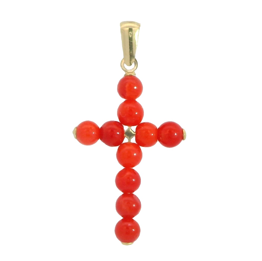 Colgante cruz bolas color coral 20x14MM. oro 18k