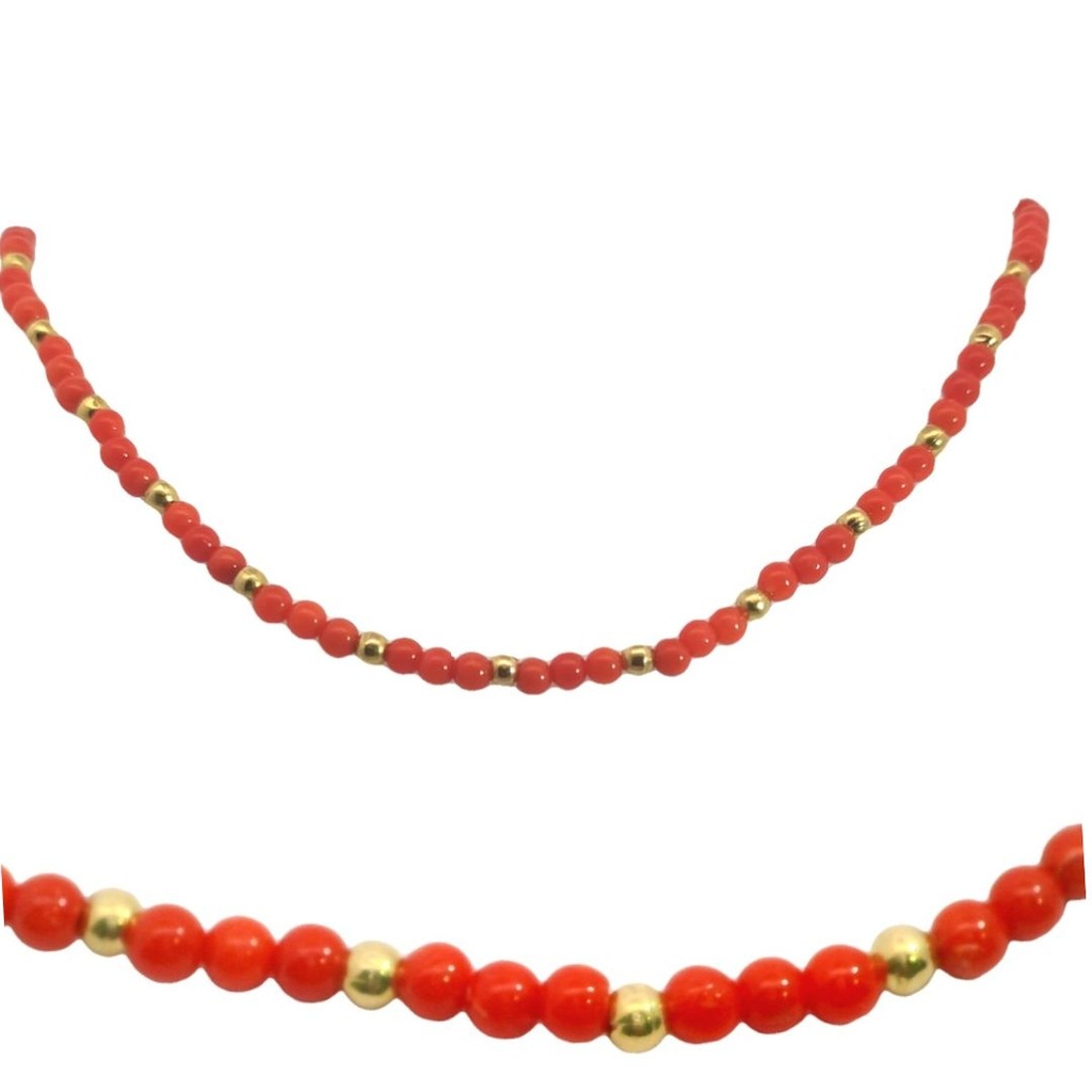 Gargantilla bolas de oro y de coral de 3mm. en oro de 18k