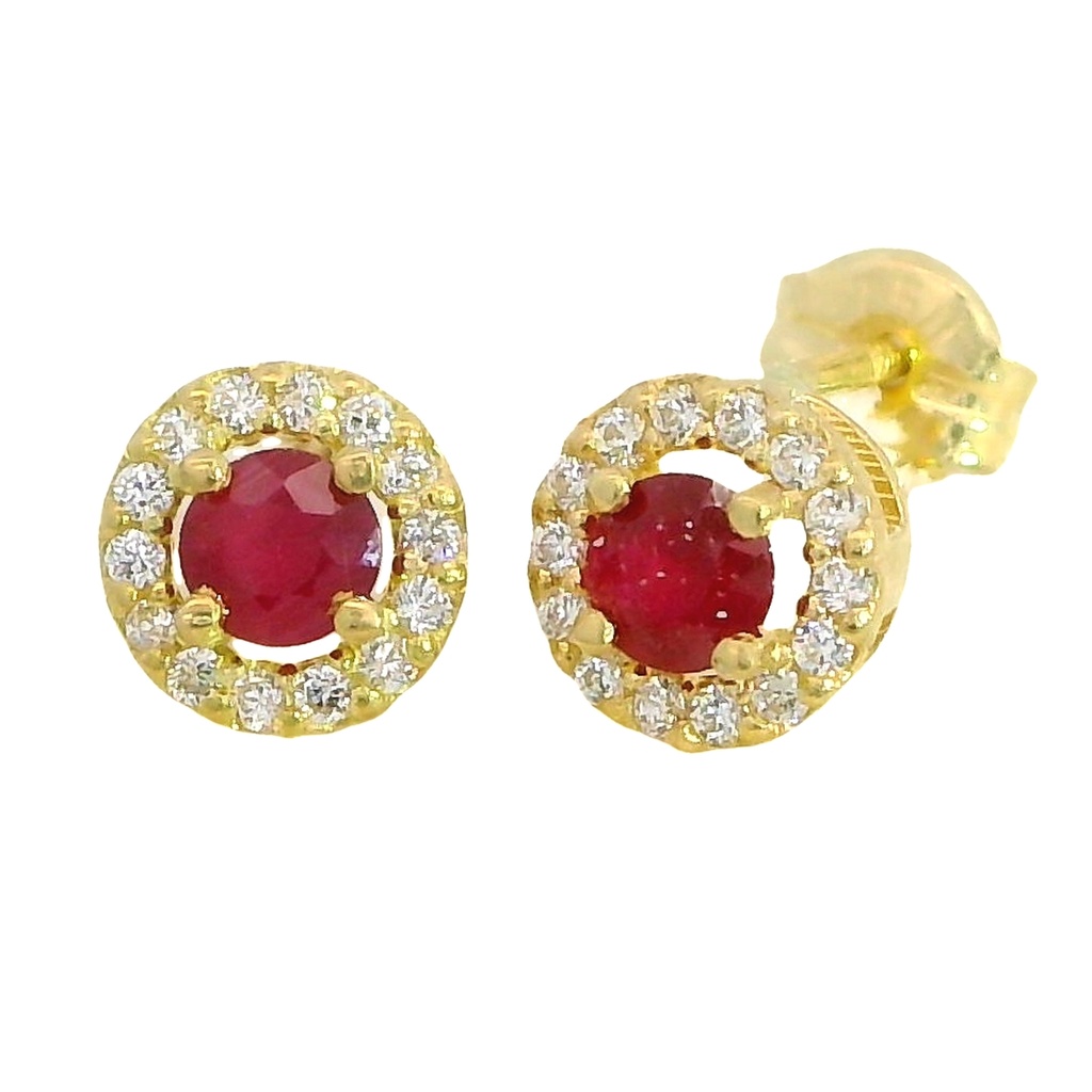 Pendientes oval cuajo 5MM.circonitas y rubí oro 18k
