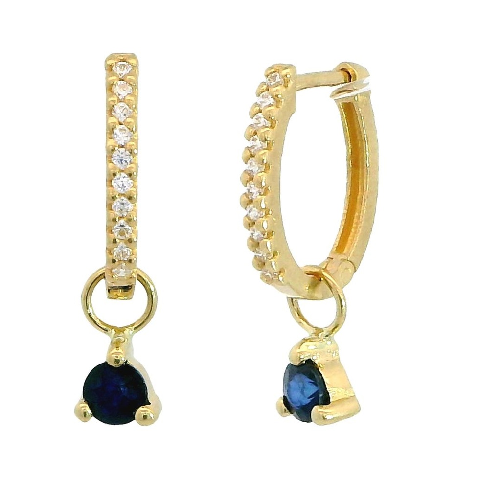 Pendientes aro con circonita y colgante zafiro en oro de 18k