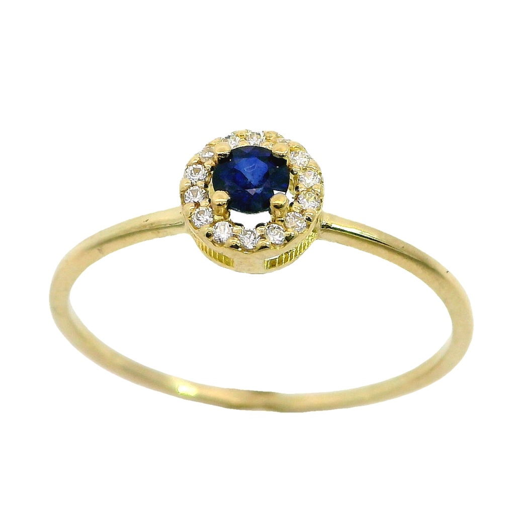 Anillo con zafiro y circonitas en oro de 18k