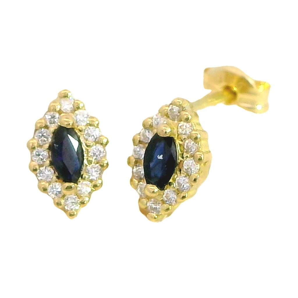 Pendientes lanzadera con zafiro y circonitas en oro de 18k