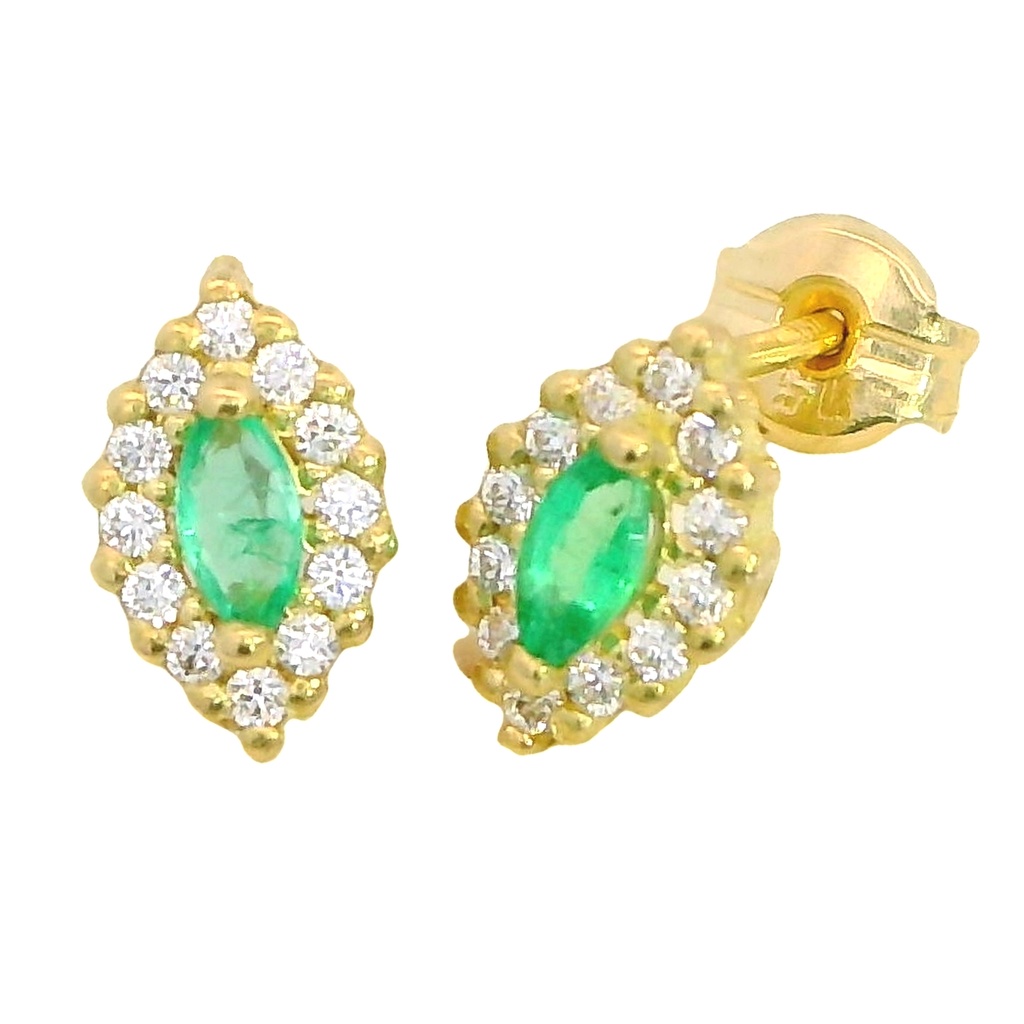 Pendientes lanzadera con esmeralda y circonitas en oro de 18k