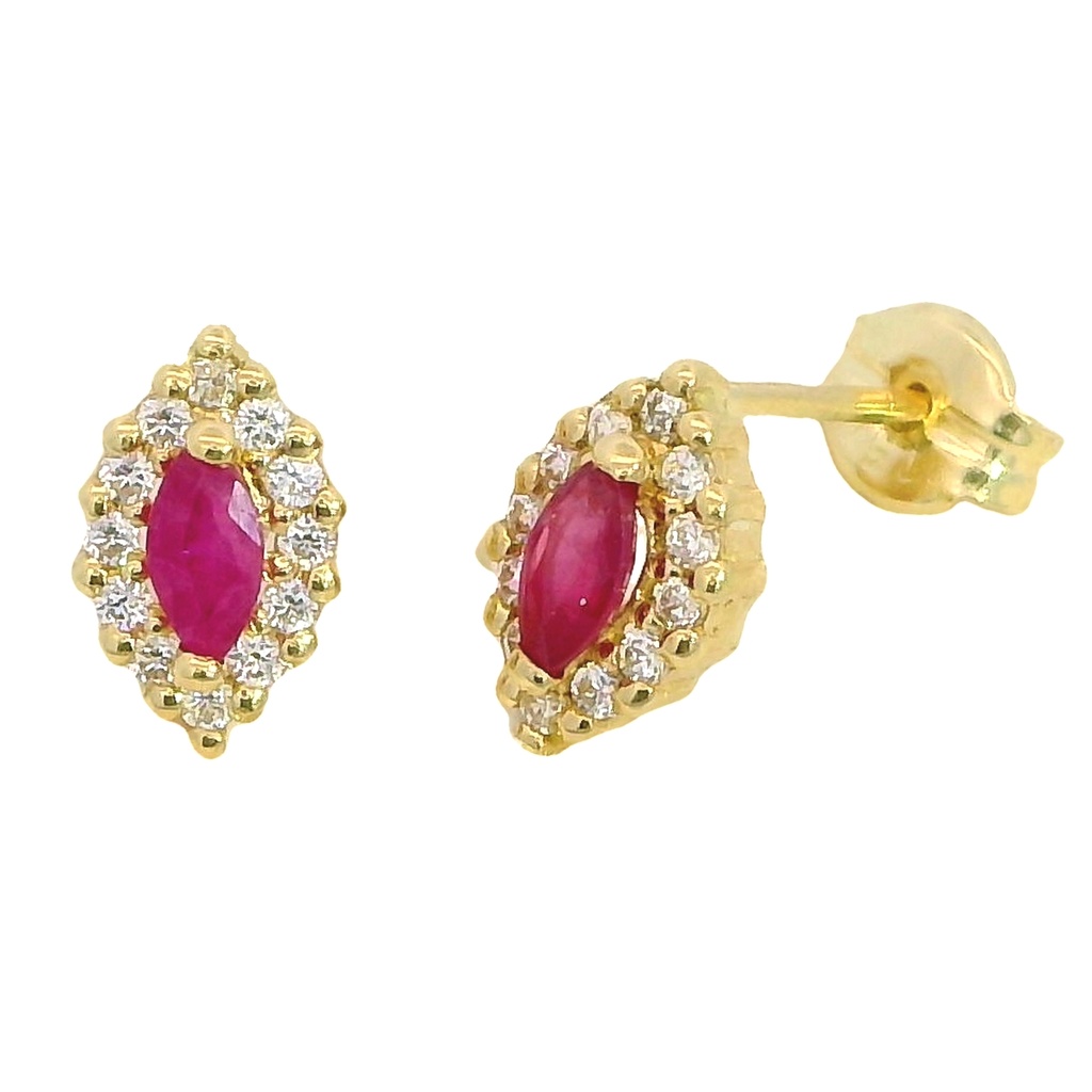 Pendientes lanzadera con rubi y circonitas en oro de 18k