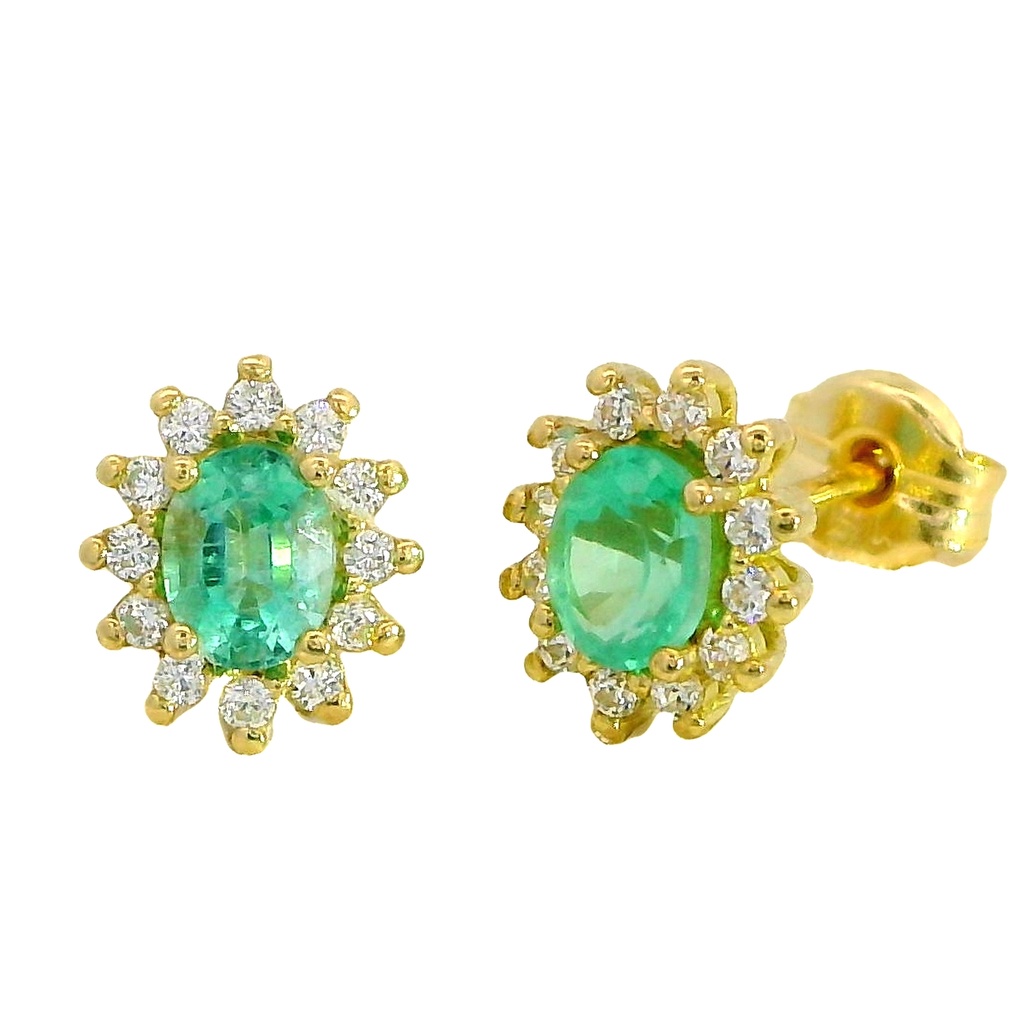 Pendientes roseton con esmeralda y circonitas en oro de 18k