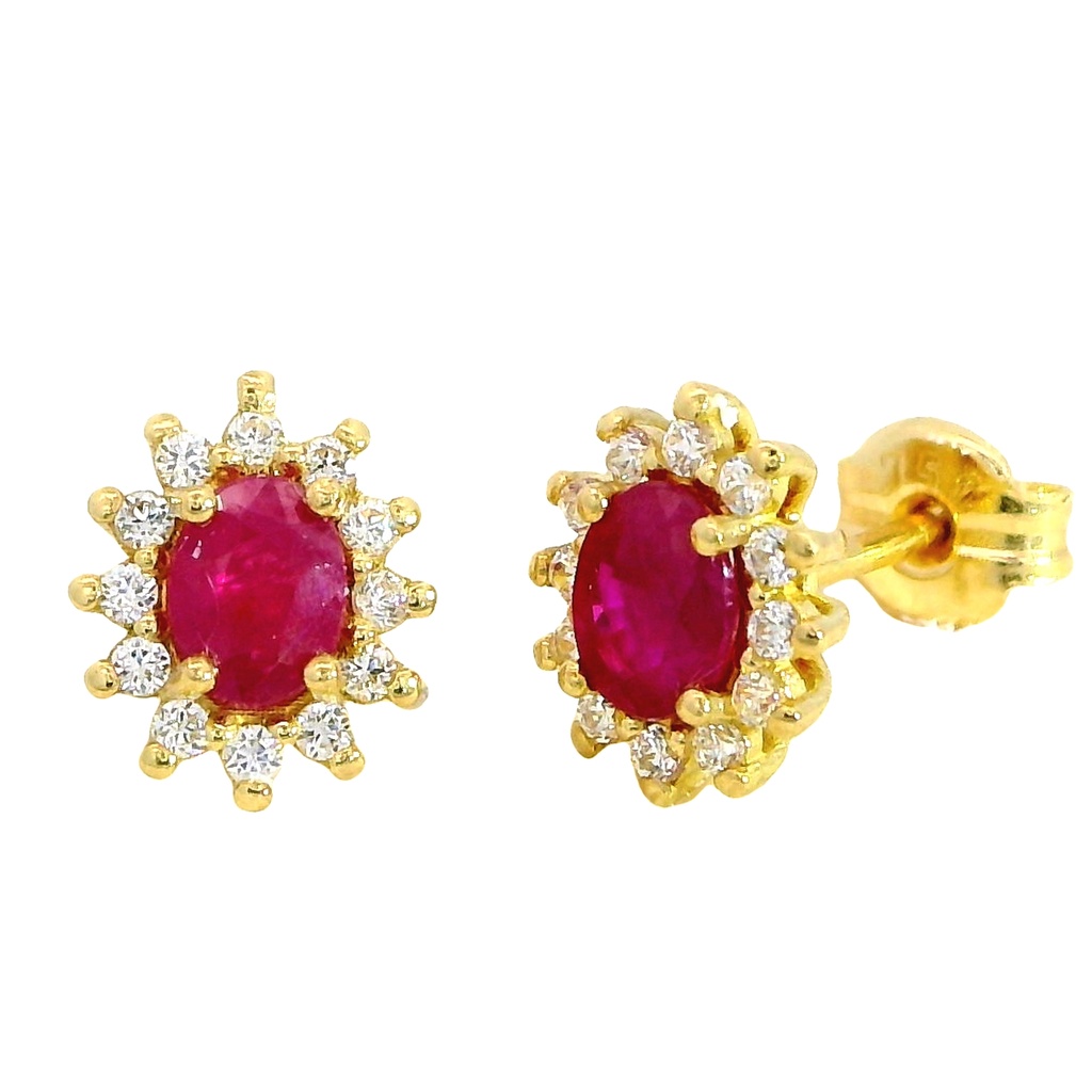 Pendientes roseton con rubi y circonitas en oro de 18k