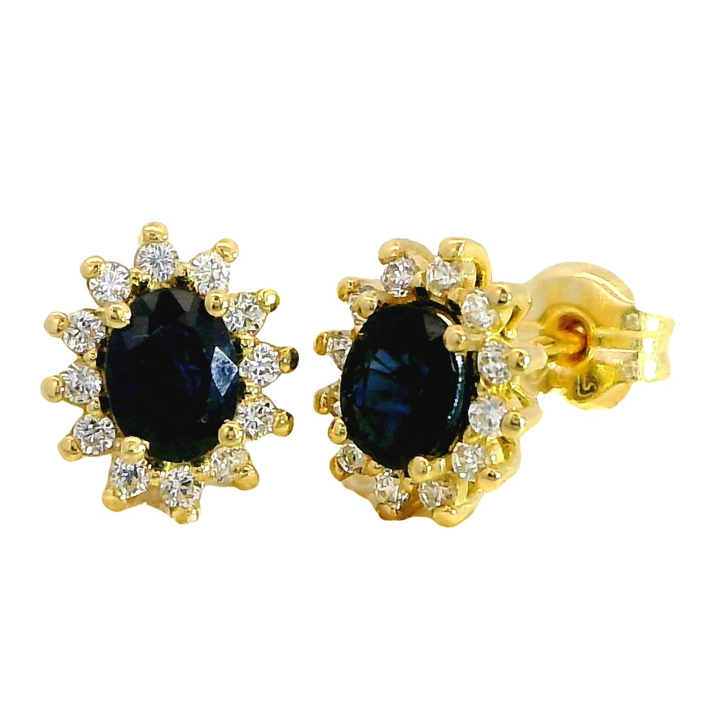 Pendientes roseton con zafiro y circonitas en oro de 18k