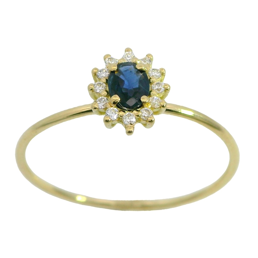 Anillo roseton zafiro de 4x3mm. y circonitas en oro amarillo de 18k