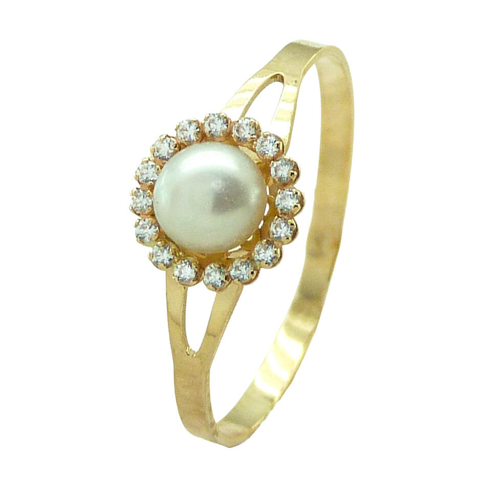 Anillo orla circonitas y perla 5mm en oro 18k