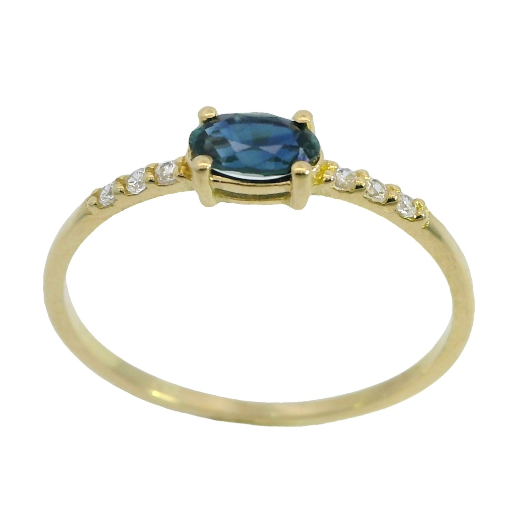 Anillo fino zafiro y circonitas 4 garras oro 18k