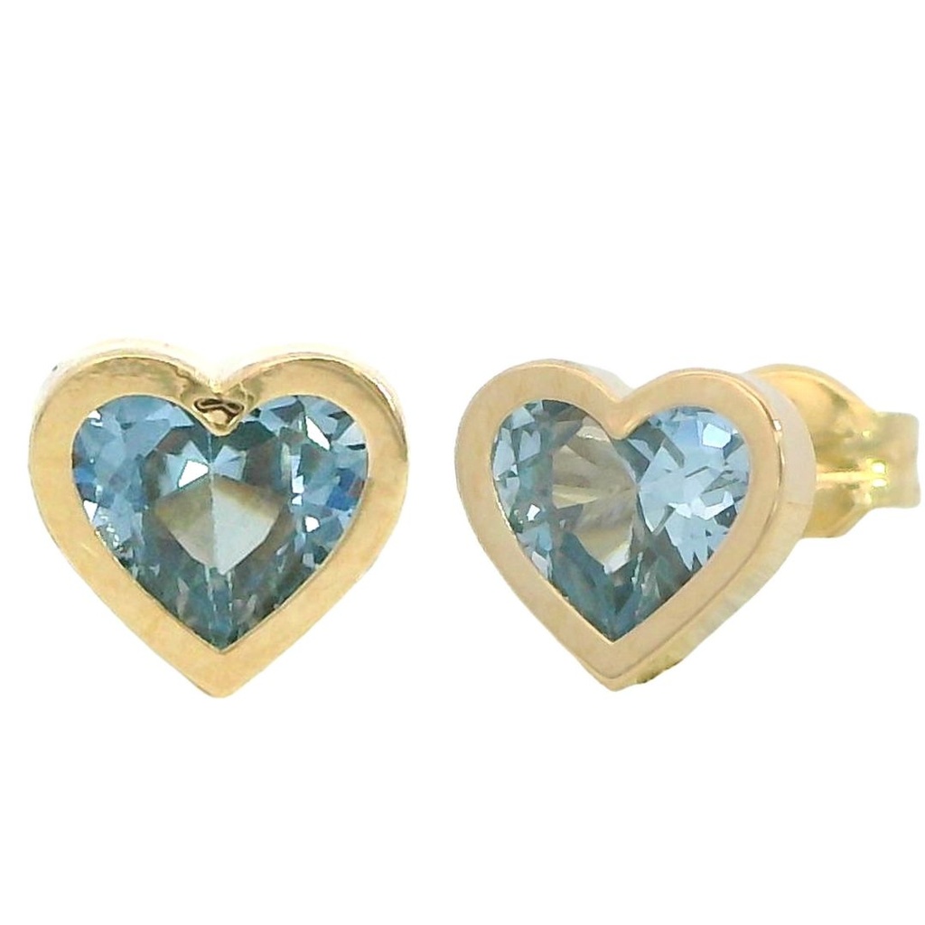 Pendientes corazon con piedra color aguamarina oro 18k