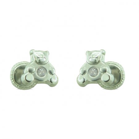 Pendientes bebe de osito con circonitas en oro blanco de 18k