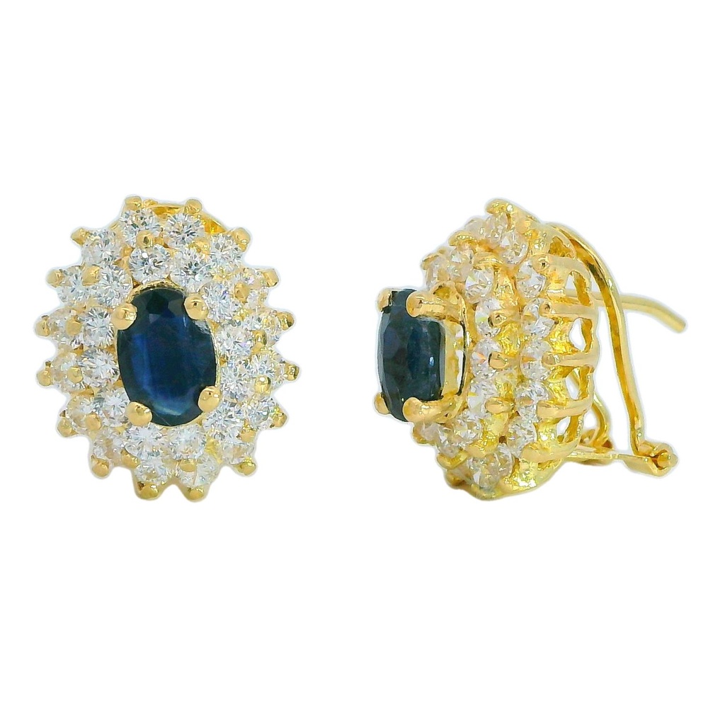Pendientes cuajo circonitas y zafiro 6x4MM. omega oro 18k
