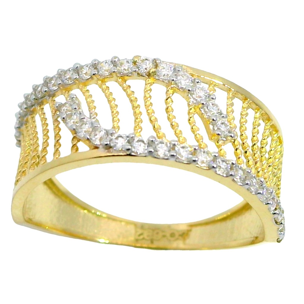 Anillo ancho calado y circonitas oro 18k