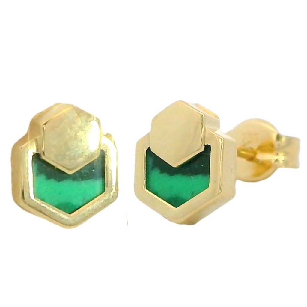 Pendientes hexágono piedra color esmeralda oro 18k