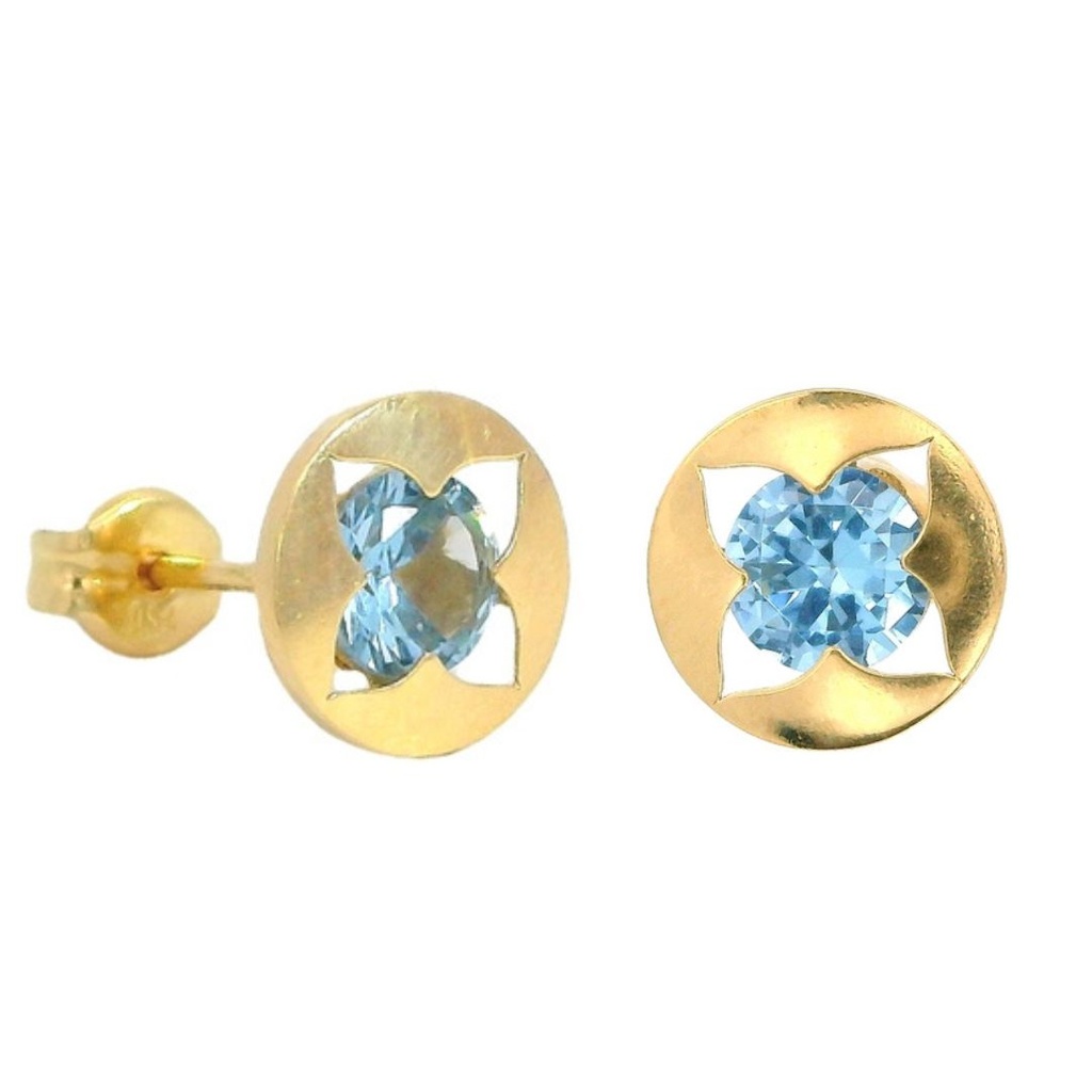 Pendientes redondos con piedra de color agua marina oro 18k