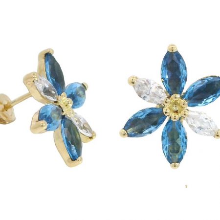 Pendientes flor con circonitas y color aguamarina en oro de 18k