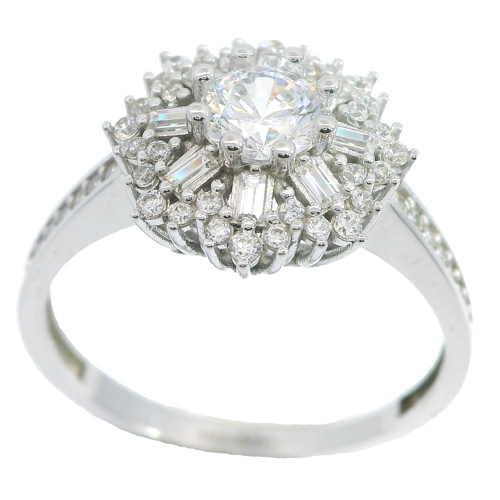 Anillo piedras bagues y piedra central oro blanco 18k
