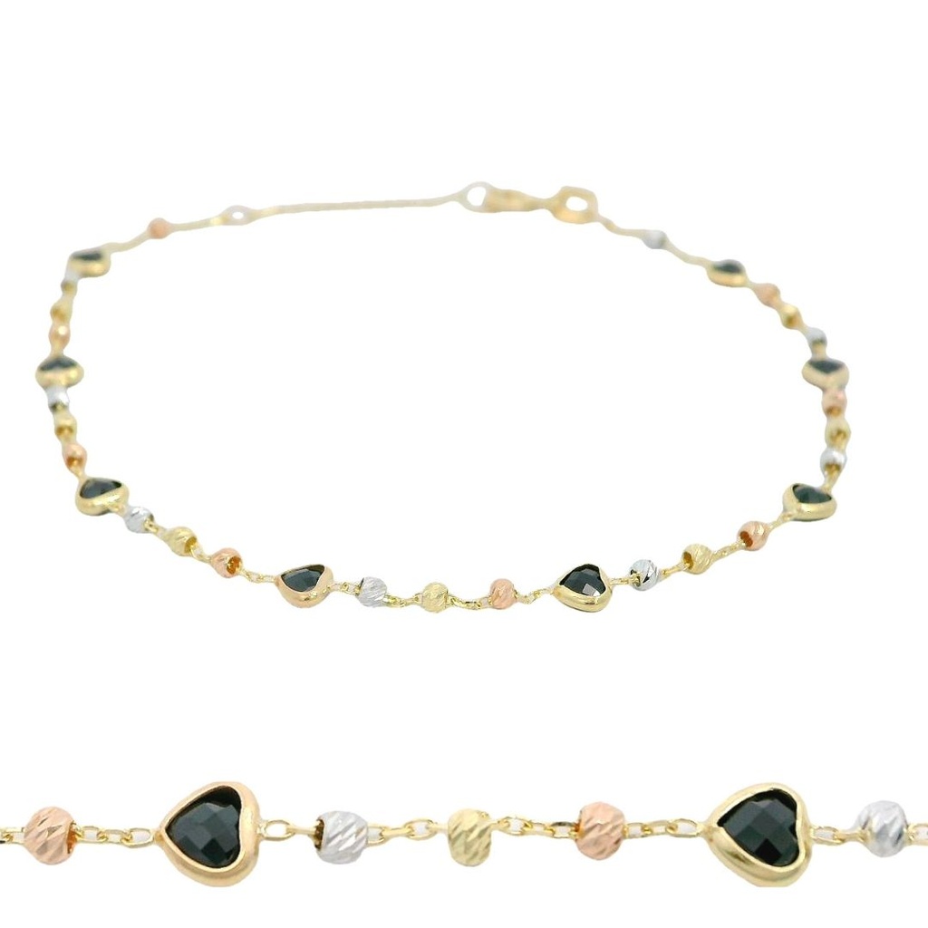 Pulsera corazones y bolas tricolor oro 18k