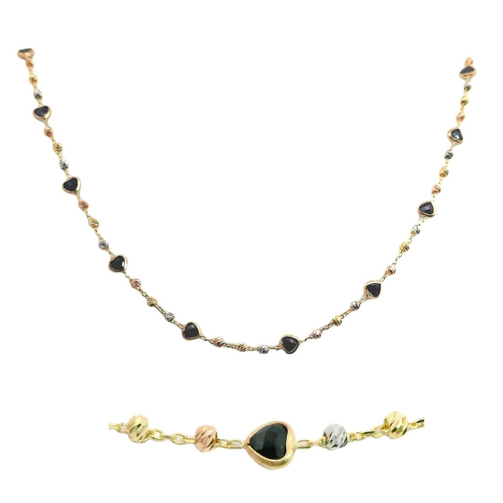 Gargantilla bolas tricolor circonitas negras corazones en oro de 18k