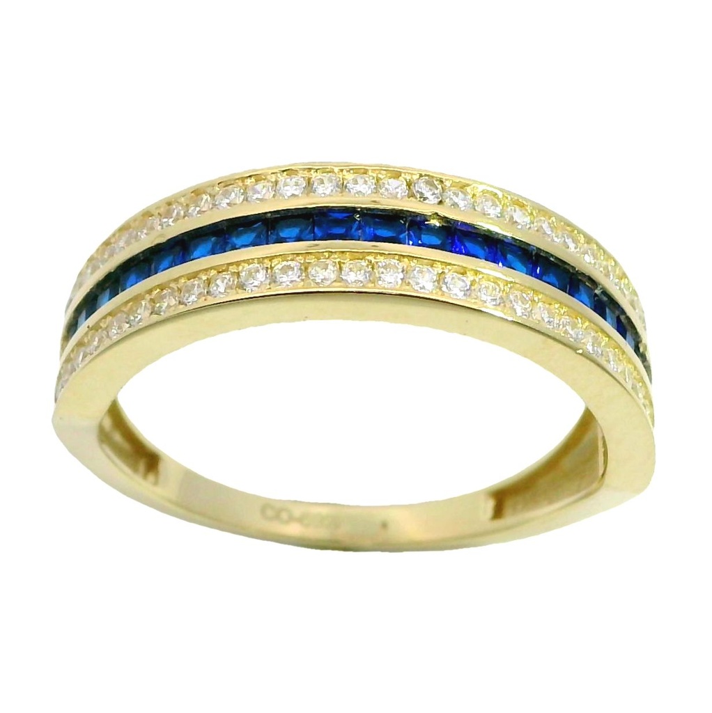 Anillo bandas circonitas blanca y azules en oro de 18k