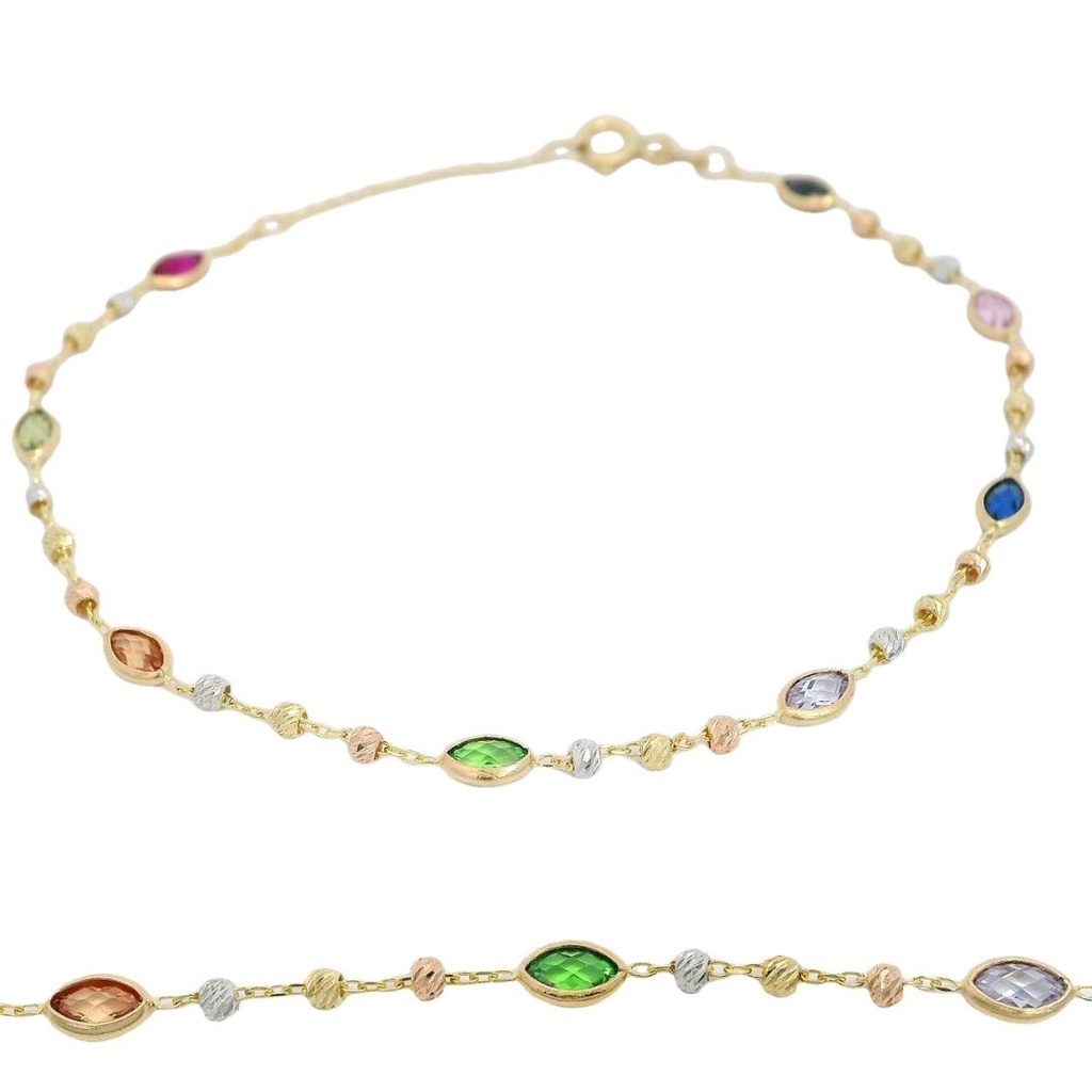 Pulsera circonitas color oval y bolas tricolor oro 18k