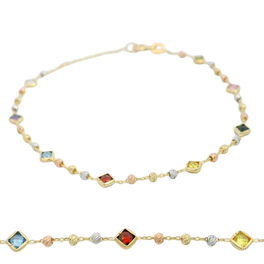 Pulsera circonitas colores y bolas tricolor oro 18k