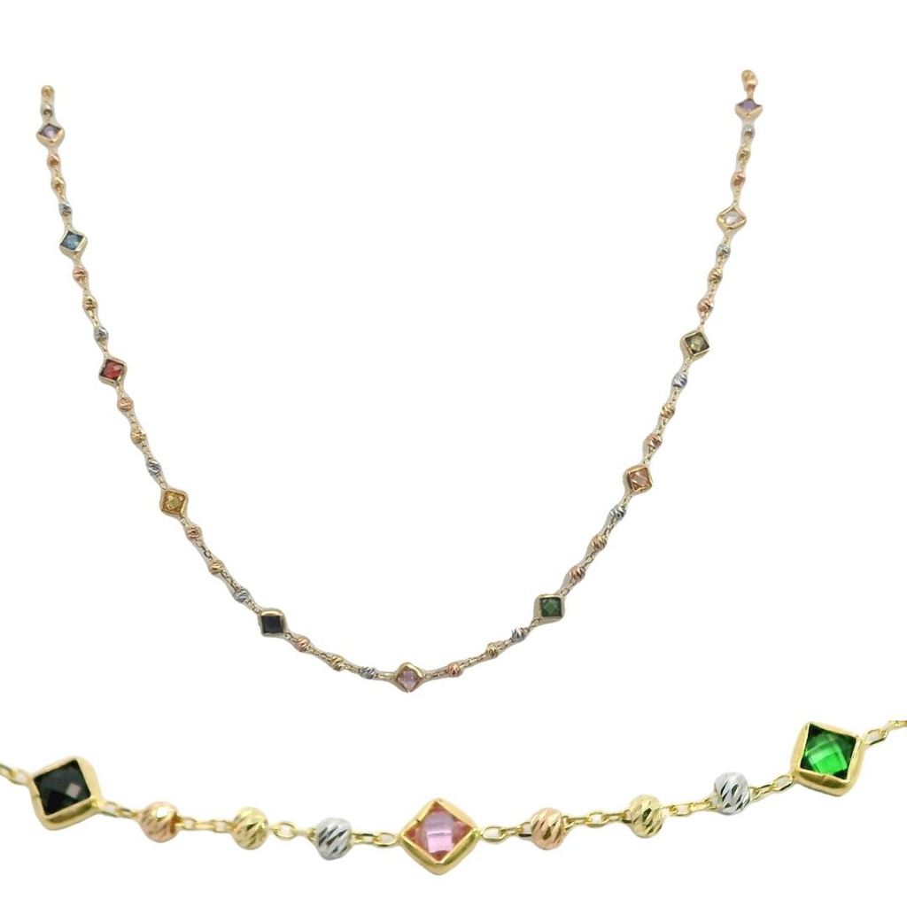 Gargantilla bolas tricolor y piedras de colores oro 18k