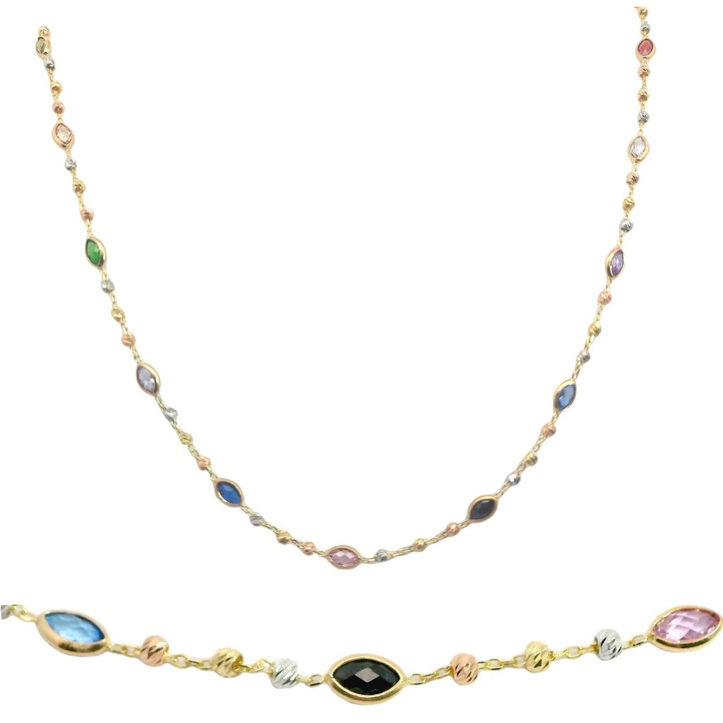 Gargantilla bolas tricolor y piedras colores oval oro 18k