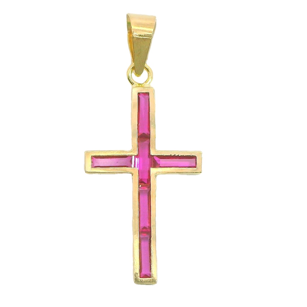 Colgante cruz piedra color rubí 19X10MM. oro 18k