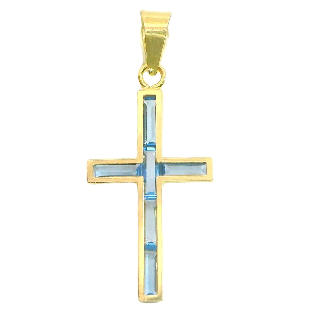 Colgante cruz piedra color aguamarina 19X10MM. oro 18k