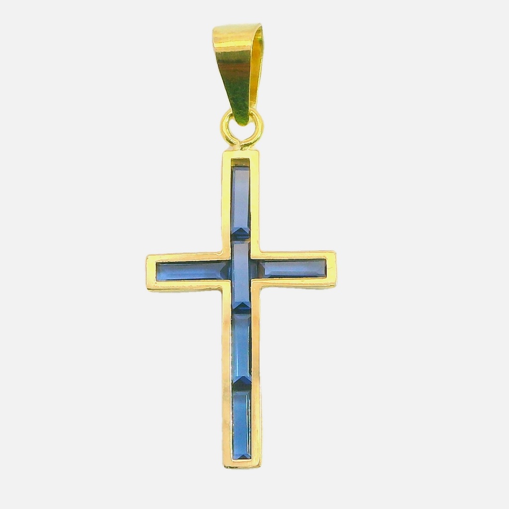 Colgante cruz piedras color zafiro 19X10MM. oro 18k