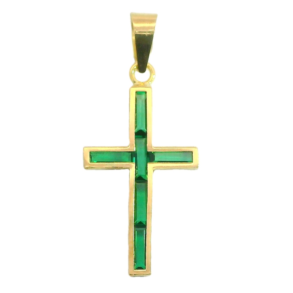 Colgante cruz piedras color esmeralda 19X10MM. oro 18k