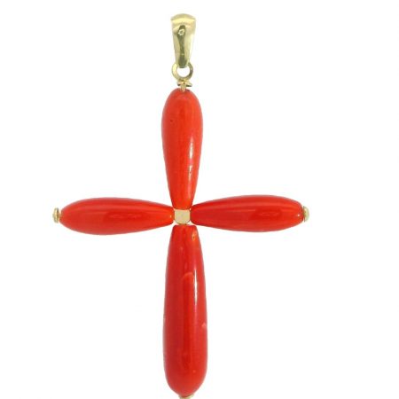 Colgante cruz con coral fino 31x25mm. oro 18k