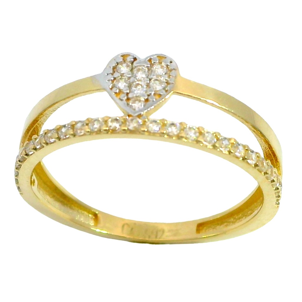 Anillo doble cuerpo corazon y circonitas en oro de 18k