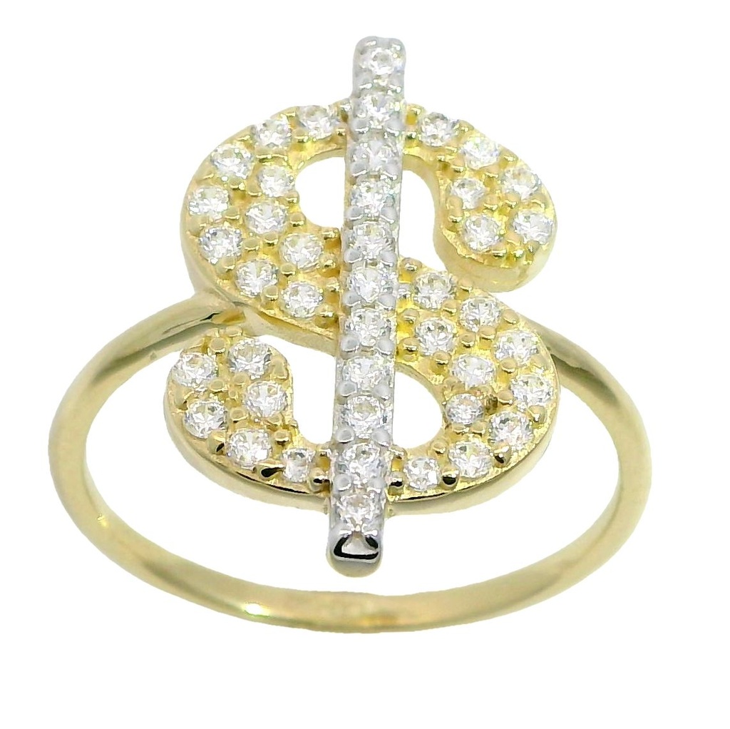 Anillo símbolo del dólar con circonitas oro 18k