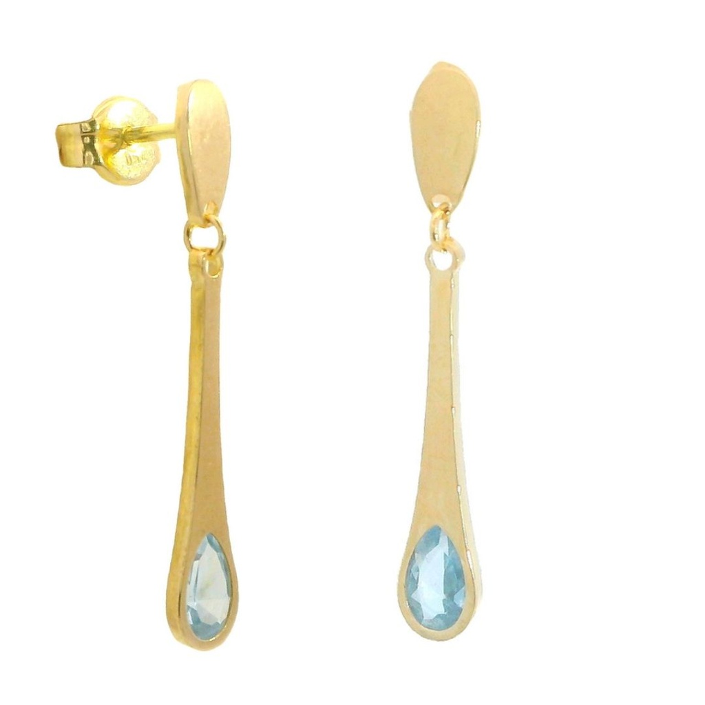 Pendientes largos con piedra color aguamarina oro 18k