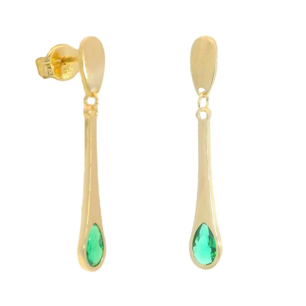Pendientes largos lisos piedra color esmeralda oro 18k