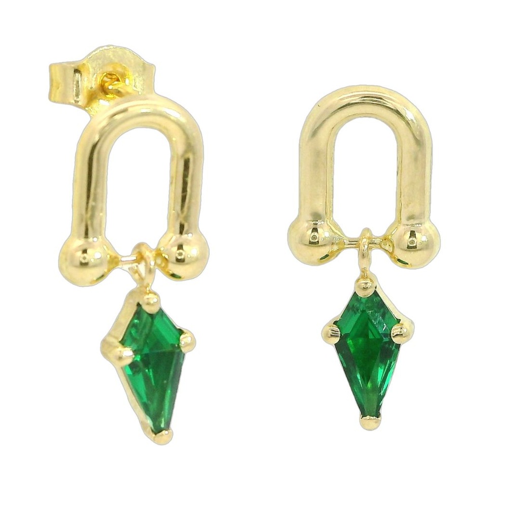 Pendientes eslabon piedra cometa color esmeralda oro 18k