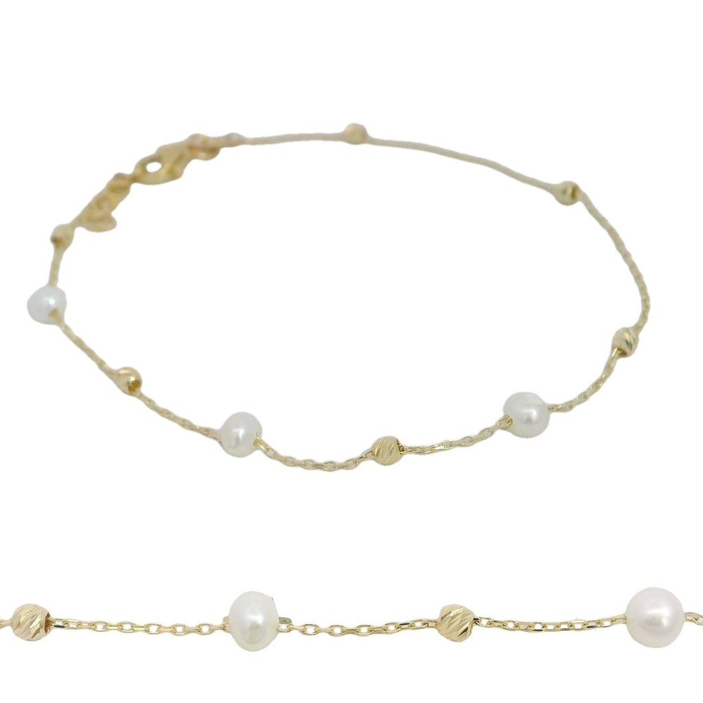 pulsera cadena fina perlas y bolas oro 18k