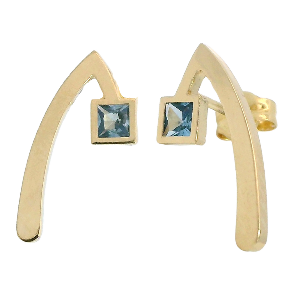 Pendiente V invertida 21mm. piedra color aguamarina oro 18k