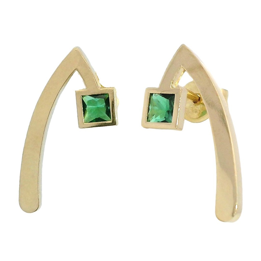 Pendiente V invertida 21MM. piedra color esmeralda oro 18k