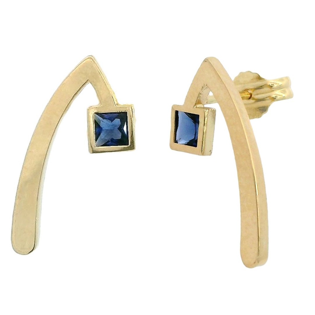 Pendiente V invertida 21MM. piedra color zafiro oro 18k