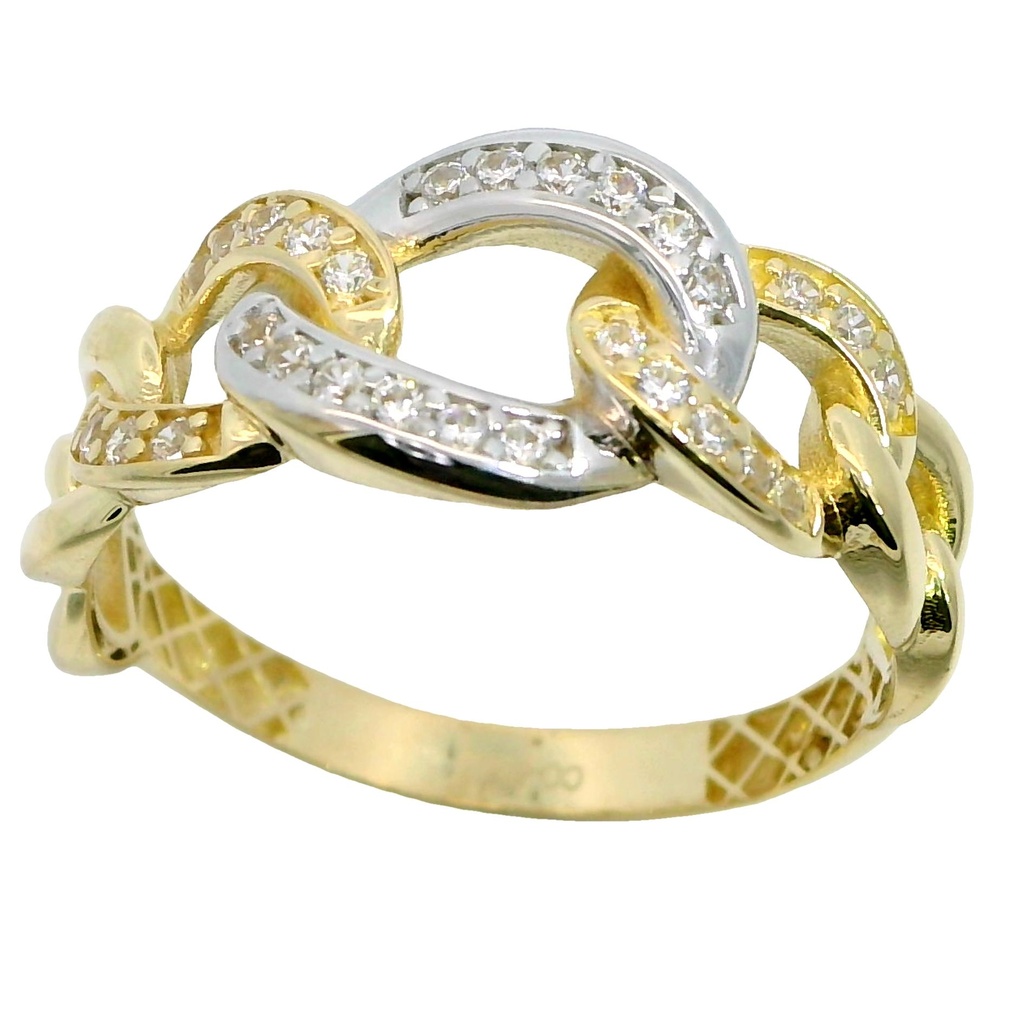 Anillo bicolor eslabones con circonitas en oro 18k