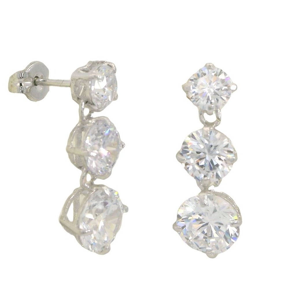 Pendientes largo tres circonitas en oro blanco de 18k