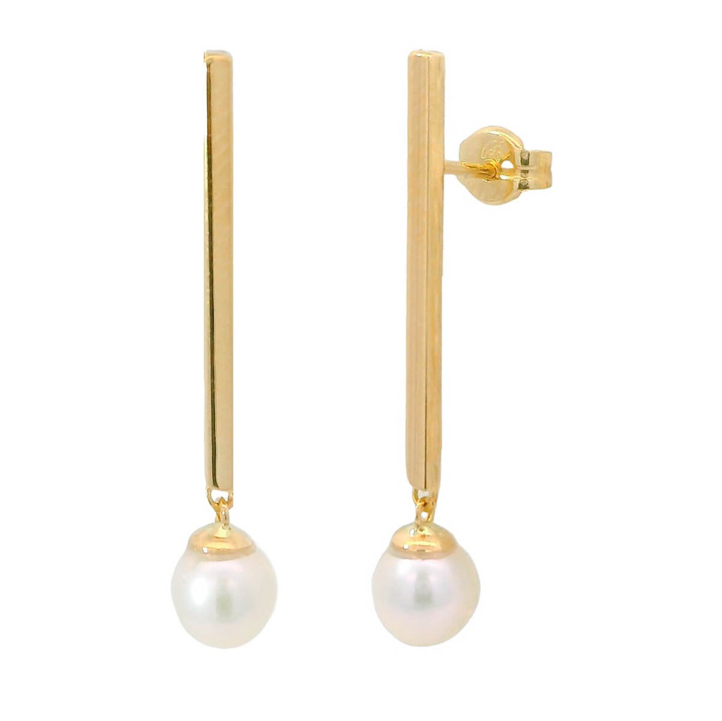 Pendientes largos tubo cuadrado y perla oro 18k