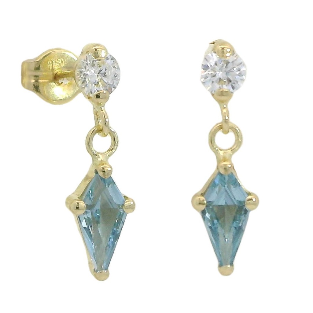 Pendientes circonita y piedra cometa color aguamarina oro 18k