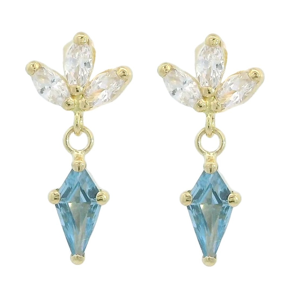 Pendientes flor circonitas y piedra color aguamarina oro 18k
